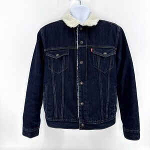 Levi's Men's Sherpa Trucker Jacket Snap Front Dark Wash Denim Lined Small